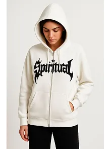 Kadın Kapüşonlu 3 İplik Şardonlu Önü Baskılı Fermuarlı Oversize Sweatshirt - Beyaz