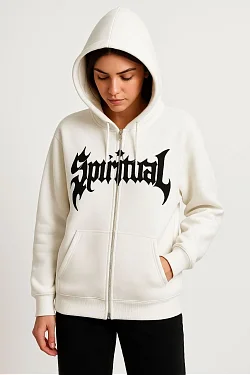 Kadın Kapüşonlu 3 İplik Şardonlu Önü Baskılı Fermuarlı Oversize Sweatshirt - Beyaz Kadın Kapüşonlu 3 İplik Şardonlu Önü Baskılı Fermuarlı Oversize Sweatshirt - Beyaz