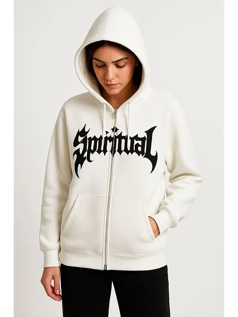 Kadın Kapüşonlu 3 İplik Şardonlu Önü Baskılı Fermuarlı Oversize Sweatshirt - Beyaz
