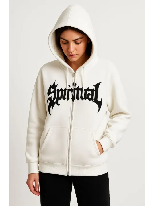 Kadın Oversize Kapüşonlu Sweatshirt Hoodie 3 İplik Şardonlu Pamuklu Kumaş, Önü Baskılı, Fermuarlı Rahat Kalıp, Kışlık ve Sokak Stili Sweat - Beyaz