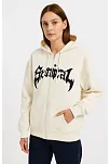 Kadın Kapüşonlu 3 İplik Şardonlu Önü Baskılı Fermuarlı Oversize Sweatshirt - Beyaz