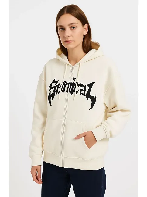 Kadın Kapüşonlu 3 İplik Şardonlu Önü Baskılı Fermuarlı Oversize Sweatshirt - Beyaz