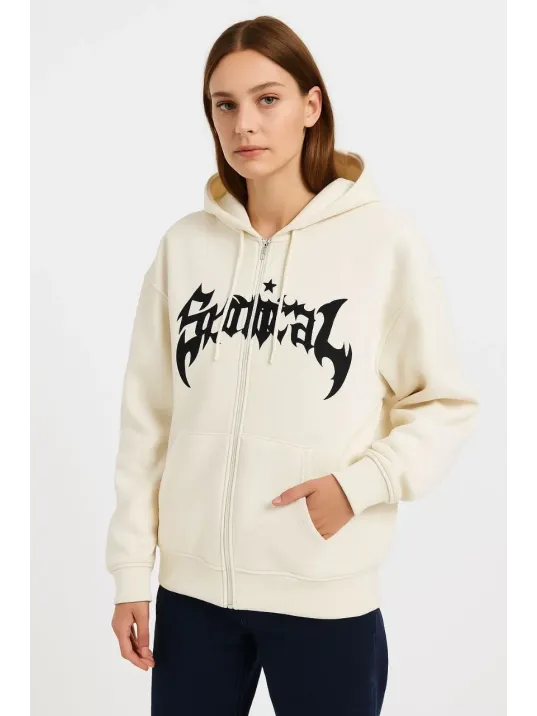 Kadın Oversize Kapüşonlu Sweatshirt Hoodie 3 İplik Şardonlu Pamuklu Kumaş, Önü Baskılı, Fermuarlı Rahat Kalıp, Kışlık ve Sokak Stili Sweat - Beyaz