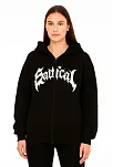 Kadın Kapüşonlu 3 İplik Şardonlu Önü Baskılı Fermuarlı Oversize Sweatshirt - Siyah