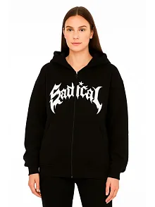 Kadın Kapüşonlu 3 İplik Şardonlu Önü Baskılı Fermuarlı Oversize Sweatshirt - Siyah