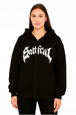 Kadın Kapüşonlu 3 İplik Şardonlu Önü Baskılı Fermuarlı Oversize Sweatshirt - Siyah