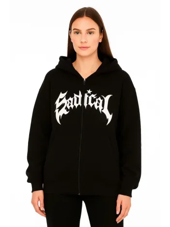 Kadın Oversize Kapüşonlu Sweatshirt  Hoodie 3 İplik Şardonlu Pamuklu Kumaş, Önü Baskılı, Fermuarlı Rahat Kalıp, Kışlık ve Sokak Stili Sweat - Siyah