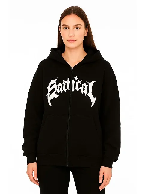 Kadın Kapüşonlu 3 İplik Şardonlu Önü Baskılı Fermuarlı Oversize Sweatshirt - Siyah