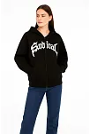 Kadın Kapüşonlu 3 İplik Şardonlu Önü Baskılı Fermuarlı Oversize Sweatshirt - Siyah