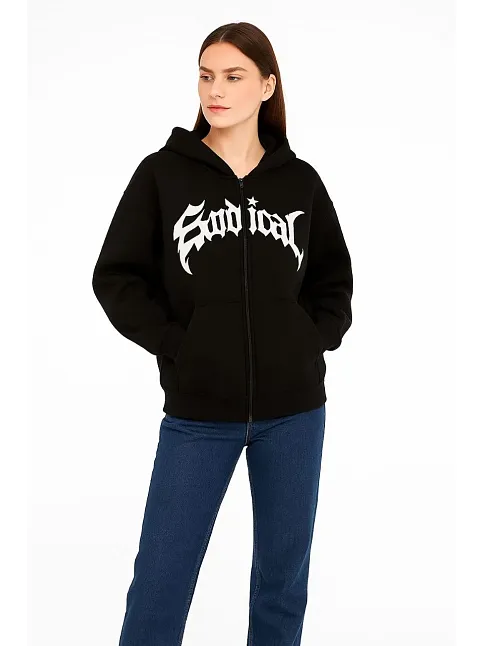 Kadın Kapüşonlu 3 İplik Şardonlu Önü Baskılı Fermuarlı Oversize Sweatshirt - Siyah