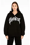 Kadın Kapüşonlu 3 İplik Şardonlu Önü Baskılı Fermuarlı Oversize Sweatshirt - Siyah