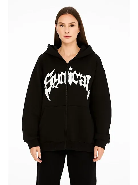 Kadın Kapüşonlu 3 İplik Şardonlu Önü Baskılı Fermuarlı Oversize Sweatshirt - Siyah