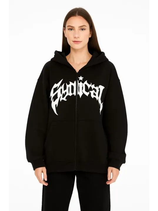 Kadın Oversize Kapüşonlu Sweatshirt Hoodie 3 İplik Şardonlu Pamuklu Kumaş, Önü Baskılı, Fermuarlı Rahat Kalıp, Kışlık ve Sokak Stili Sweat - Siyah Kadın Oversize Kapüşonlu Sweatshirt Hoodie 3 İplik Şardonlu Pamuklu Kumaş, Önü Baskılı, Fermuarlı Rahat Kalıp, Kışlık ve Sokak Stili Sweat - Siyah