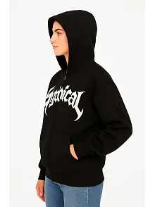 Kadın Kapüşonlu 3 İplik Şardonlu Önü Baskılı Fermuarlı Oversize Sweatshirt - Siyah