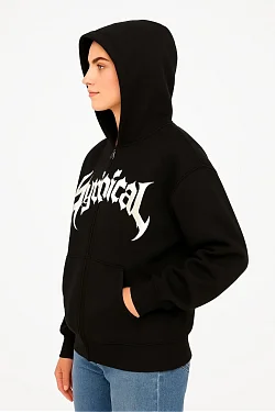 Kadın Kapüşonlu 3 İplik Şardonlu Önü Baskılı Fermuarlı Oversize Sweatshirt - Siyah Kadın Kapüşonlu 3 İplik Şardonlu Önü Baskılı Fermuarlı Oversize Sweatshirt - Siyah