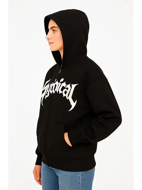 Kadın Kapüşonlu 3 İplik Şardonlu Önü Baskılı Fermuarlı Oversize Sweatshirt - Siyah