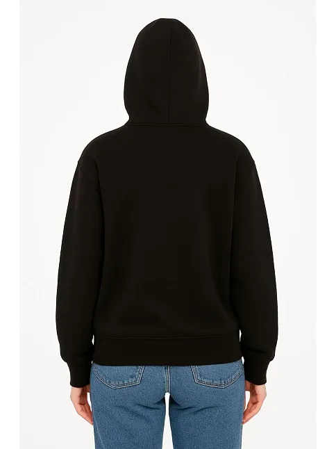 Kadın Kapüşonlu 3 İplik Şardonlu Önü Baskılı Fermuarlı Oversize Sweatshirt - Siyah