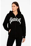Kadın Kapüşonlu 3 İplik Şardonlu Önü Baskılı Fermuarlı Oversize Sweatshirt - Siyah