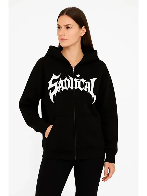 Kadın Kapüşonlu 3 İplik Şardonlu Önü Baskılı Fermuarlı Oversize Sweatshirt - Siyah