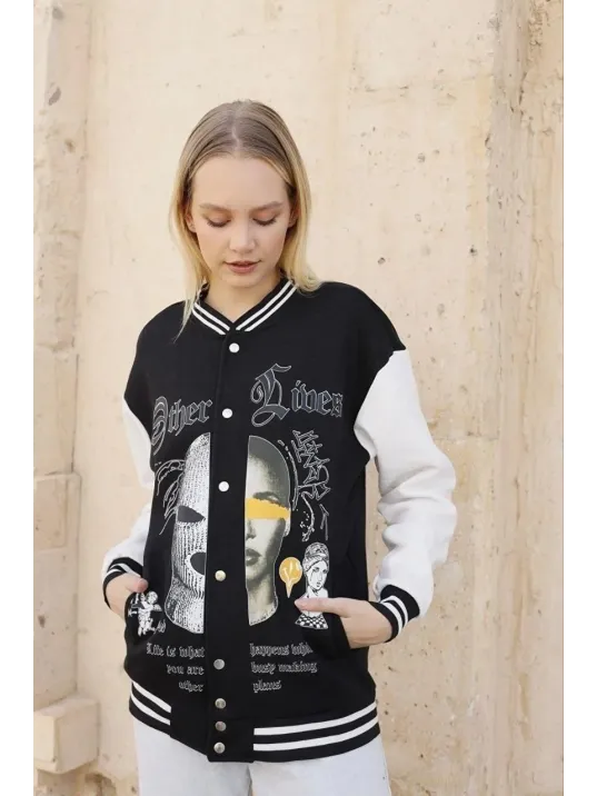 Kadın Oversize Kolej Tarzı Sweatshirt – 3 İplik İçi Pamuklu, Baskılı, Rahat Günlük Ceket - Siyah Kadın Oversize Kolej Tarzı Sweatshirt – 3 İplik İçi Pamuklu, Baskılı, Rahat Günlük Ceket - Siyah