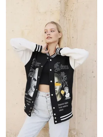 Kadın Oversize Kolej Tarzı Sweatshirt – 3 İplik İçi Pamuklu, Baskılı, Rahat Günlük Ceket - Siyah Kadın Oversize Kolej Tarzı Sweatshirt – 3 İplik İçi Pamuklu, Baskılı, Rahat Günlük Ceket - Siyah