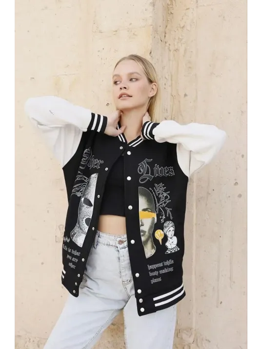 Kadın Oversize Kolej Tarzı Sweatshirt – 3 İplik İçi Pamuklu, Baskılı, Rahat Günlük Ceket - Siyah