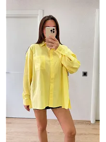 Kadın Oversize Pens Detaylı Cepli Yırtmaçlı Rahat Kalıp Poplin Gömlek - Sarı