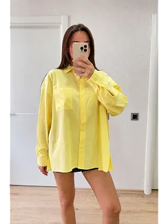 Kadın Oversize Pens Detaylı Cepli Yırtmaçlı Rahat Kalıp Poplin Gömlek - Sarı