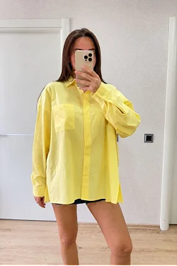Kadın Oversize Pens Detaylı Cepli Yırtmaçlı Rahat Kalıp Poplin Gömlek - Sarı