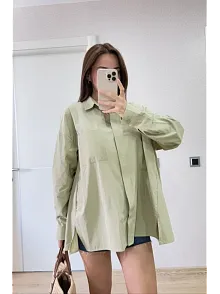 Kadın Oversize Pens Detaylı Cepli Yırtmaçlı Rahat Kalıp Poplin Gömlek - Yeşil