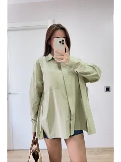 Kadın Oversize Pens Detaylı Cepli Yırtmaçlı Rahat Kalıp Poplin Gömlek - Yeşil