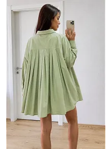 Kadın Oversize Pens Detaylı Cepli Yırtmaçlı Rahat Kalıp Poplin Gömlek - Yeşil
