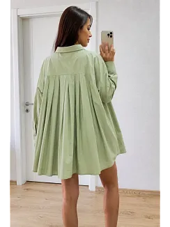 Kadın Oversize Pens Detaylı Cepli Yırtmaçlı Rahat Kalıp Poplin Gömlek - Yeşil