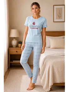 Kadın Pamuklu Penye Baskılı Kısa Kollu Bisiklet Yaka Ekose Desenli Pijama Takımı - Mavi