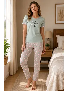 Kadın Pamuklu Penye Baskılı Kısa Kollu Bisiklet Yaka Pijama Takımı - Mint