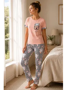 Kadın Pamuklu Penye Kedi Baskılı Kısa Kollu Bisiklet Yaka Çizgili Pijama Takımı - Pudra