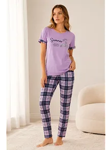 Kadın Pamuklu Penye Summer Baskılı Kısa Kollu Pijama Takımı Bisiklet Yaka Ekose Desenli - Lila