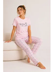 Kadın Pamuklu Penye Summer Baskılı Kısa Kollu Pijama Takımı Ekose Desenli - Pembe