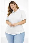 Kadın Pike Kumaş Düğmeli Yaka Battal Büyük Beden Günlük Kısa Kol Tişört T-shirt - Beyaz