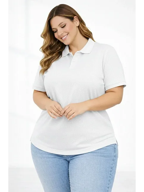 Kadın Pike Kumaş Düğmeli Yaka Battal Büyük Beden Günlük Kısa Kol Tişört T-shirt - Beyaz