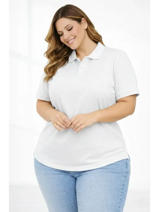 Kadın Pike Kumaş Düğmeli Yaka Battal Büyük Beden Günlük Kısa Kol Tişört T-shirt - Beyaz