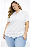 Kadın Pike Kumaş Düğmeli Yaka Battal Büyük Beden Günlük Kısa Kol Tişört T-shirt - Beyaz
