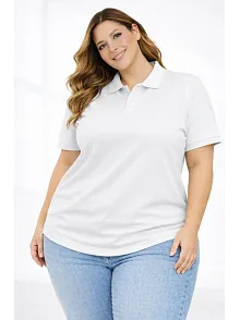 Kadın Pike Kumaş Düğmeli Yaka Battal Büyük Beden Günlük Kısa Kol Tişört T-shirt - Beyaz