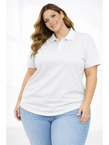 Kadın Pike Kumaş Düğmeli Yaka Battal Büyük Beden Günlük Kısa Kol Tişört T-shirt - Beyaz