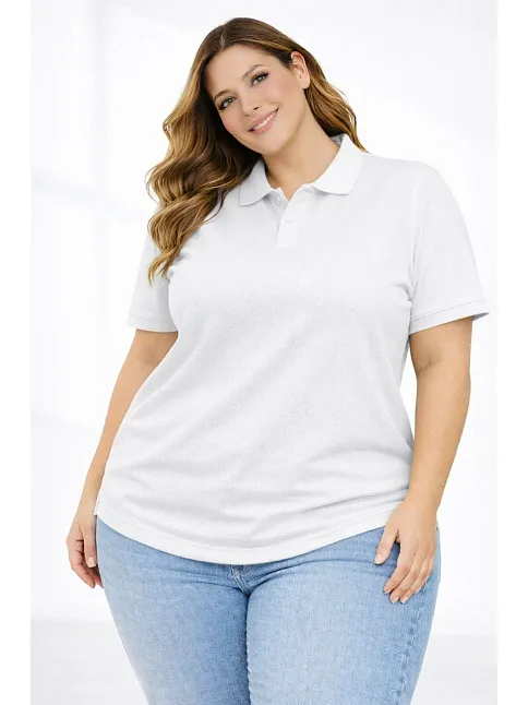 Kadın Pike Kumaş Düğmeli Yaka Battal Büyük Beden Günlük Kısa Kol Tişört T-shirt - Beyaz