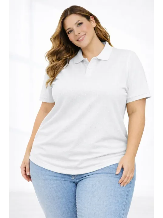 Kadın Pike Kumaş Düğmeli Yaka Battal Büyük Beden Günlük Kısa Kol Tişört T-shirt - Beyaz