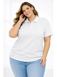 Kadın Pike Kumaş Düğmeli Yaka Battal Büyük Beden Günlük Kısa Kol Tişört T-shirt - Beyaz