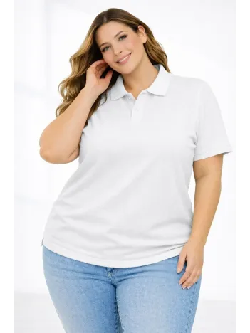 Kadın Pike Kumaş Düğmeli Yaka Battal Büyük Beden Günlük Kısa Kol Tişört T-shirt - Beyaz