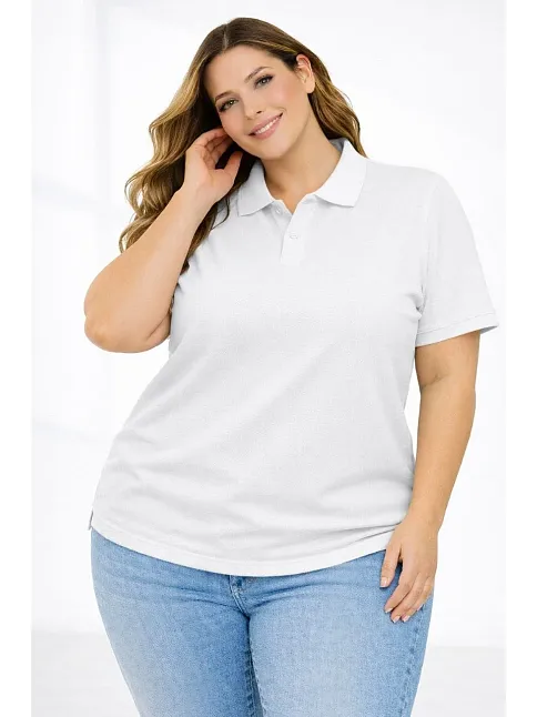 Kadın Pike Kumaş Düğmeli Yaka Battal Büyük Beden Günlük Kısa Kol Tişört T-shirt - Beyaz