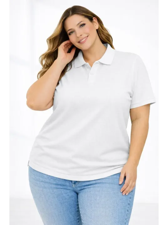 Kadın Pike Kumaş Düğmeli Yaka Battal Büyük Beden Günlük Kısa Kol Tişört T-shirt - Beyaz